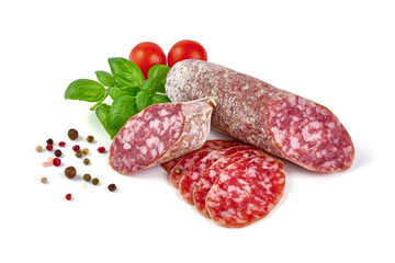 Italian salami with mold, isolated on white background.