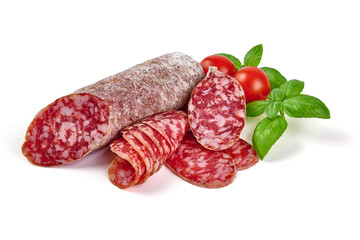 Cured salami sausage, Italian sausage with mold, isolated on white background.