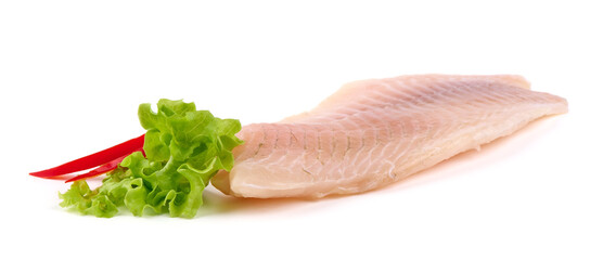 Tilapia fish fillet, isolated on white background.