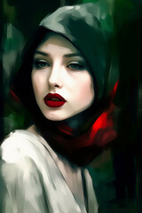 Lady beauty with red lips in style of digital art  dark brown and black, noir comic art, strong facial expression, referential painting, high definition, eye - catching composition, generative ai