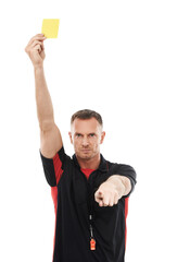 Portrait, yellow card and a man referee pointing isolated on a transparent background for sports...