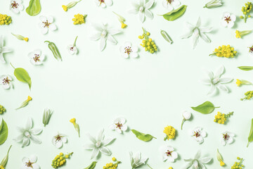 Fototapeta premium Floral frame from spring flowers on a white background. Flat lay, top view, copy space. Beautiful floral composition