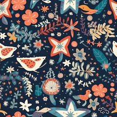 Naklejka premium Seamless pattern of nodic inspiration textile with abstract of flowers, birds, butterflies around the Starfish, flat style for wall paper, generative ai