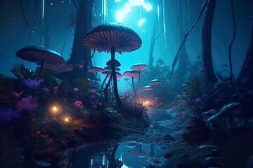 Fabulous mushroom world deep in the forest (generative AI)	