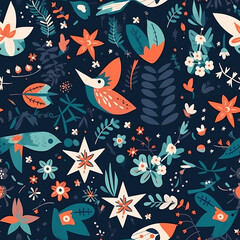 Naklejka premium Seamless pattern of nodic inspiration textile with abstract of flowers, birds, butterflies around the Starfish, flat style for wall paper, generative ai