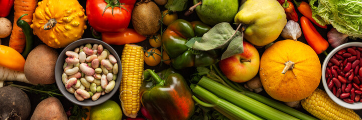 Ripe fresh vegetables, organic seasonal vegetables banner, autumn farm harvest, top view