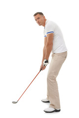 Golf, sports and man with club for hit on isolated, png and transparent background ready for game. Hobby, golfing and senior male golfer focus with ball and driver for workout, exercise and fitness