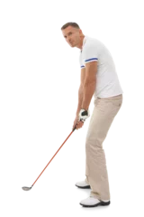 Poster Golf, sports and man with club for hit on isolated, png and transparent background ready for game. Hobby, golfing and senior male golfer focus with ball and driver for workout, exercise and fitness © Harsh/peopleimages.com