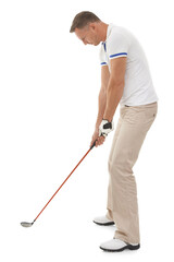 Golf, sports and man with golfing club for tee on isolated, png and transparent background ready...