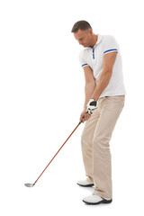 Golf, sports and man swing club on isolated, png and transparent background ready for game. Hobby,...