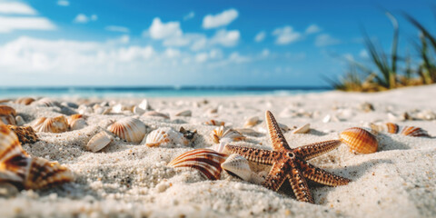 Fototapeta na wymiar Beautiful sand beach with a starfishes and seashells AI generative art