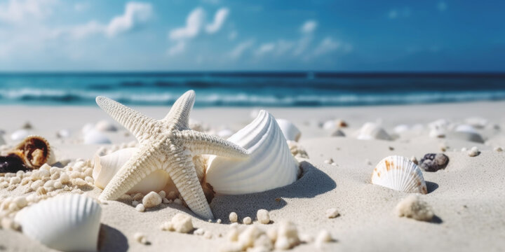 Beautiful sand beach with a starfish and seashells AI generative art