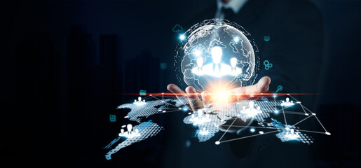 CRM Customer network Relationship Management for business sales marketing system concept. Businessman hold of global structure customer network technology, clients, assistance,organization of client..