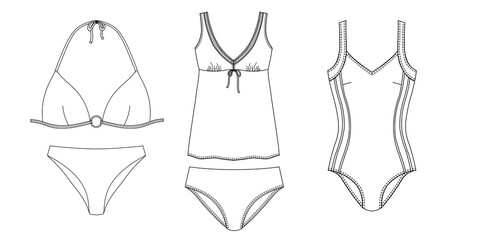 Woman sustainable swimwear, technical drawing, template, sketch, flat, mock up. Recycled PA, Recycled PES, Lycra fabric swimwear front view, white color