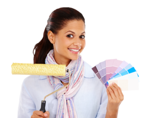 Woman, color swatch and paint roller with portrait for house, home painter and wall. Smile, happy and creative female interior designer with painting tools isolated on a transparent, png background