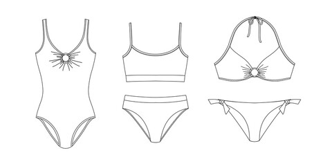 Woman sustainable swimwear, technical drawing, template, sketch, flat, mock up. Recycled PA, Recycled PES, Lycra fabric swimwear front view, white color