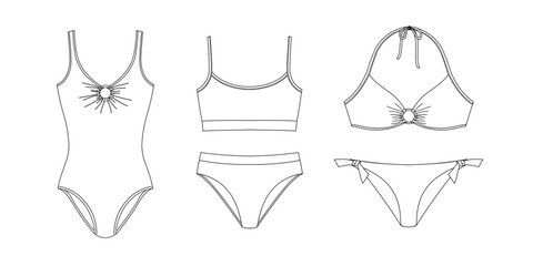 Woman sustainable swimwear, technical drawing, template, sketch, flat, mock up. Recycled PA, Recycled PES, Lycra fabric swimwear front view, white color