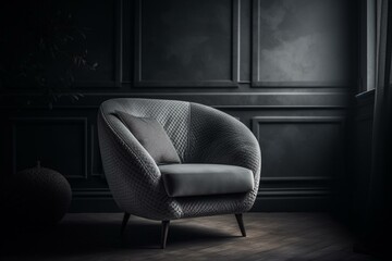 A gray armchair in a dim monochrome room, 3D rendered. Generative AI
