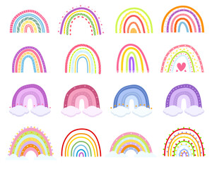 Cartoon rainbow. Colourful rainbows, heart and cloud with rainbow colors tail. Childish flat vector illustrations collection.