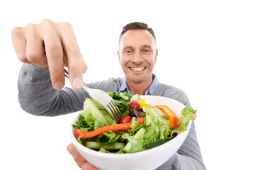 Healthy food, closeup of salad and portrait of man with smile, nutrition and care isolated on...