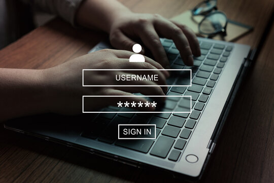 Woman using laptop with VR interface of secure access to user's personal information. Sign in or register with username and password. Cyber security and data protection.