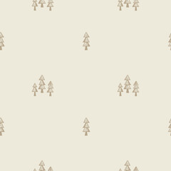 Scandi woodland tree lino cut icon seamless vector pattern. Whimsical forest hand drawn graphic backdrop. 