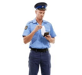 Police man, writing ticket and officer isolated on a transparent png background with notepad for traffic laws. Serious, law enforcement and policeman, detective or mature person with paper for fine.