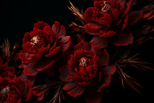 Continuous red floral design against black background. Generative AI