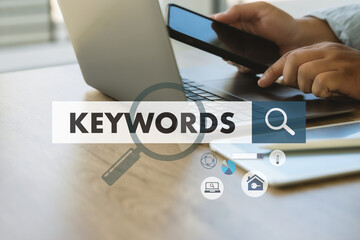 businessmanman search website for content keywords on laptop browse in office optimize seo engine