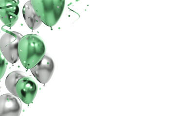 celebration green silver balloons and confetti 3d - obrazy, fototapety, plakaty