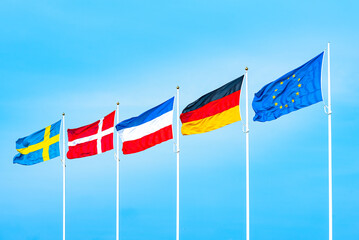 Gallery of north European flags in the tourist resort Burgrtiefe at the baltic sea on the island of...