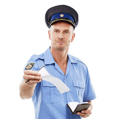 Police man, portrait and giving ticket isolated on a transparent png background with notepad for traffic laws. Serious, law enforcement and policeman, officer or mature person with fine for crime.