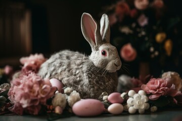 Bunny adorned with pink blooms for Easter festivities. Generative AI