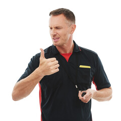 Referee, hand gesture and sending off with a man isolated on a transparent background for sports...