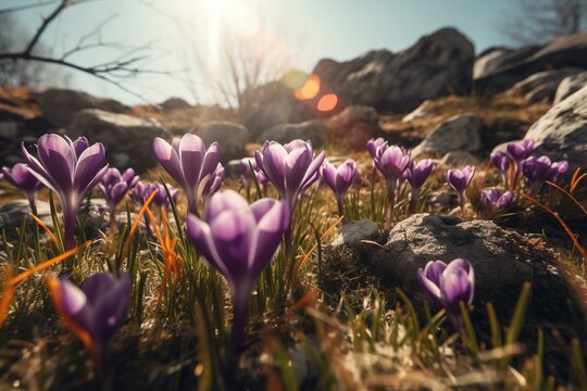 Spring crocus flowers under a stunning sun banner. Generative AI