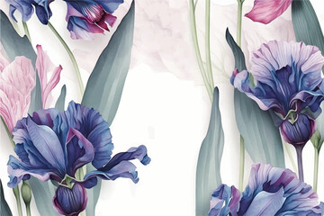 Vector watercolor banner with beautiful framed irises flowers for spring or summer holiday, women's day, mother's day, wedding