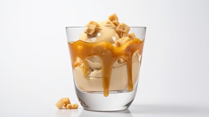 Butterscotch toffee ice cream in a glass with butterscotch sauce and bits of toffee on White Background with copy space for your text created with generative AI technology