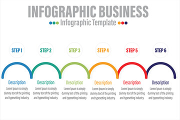 Six 6 steps, six 6 option strategy infographic with horizontal half circle right direction concept for slide presentation