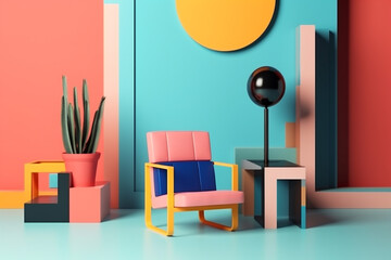 scandinavian design home armchair memphis art sofa room geometric colourful interior. Generative AI.