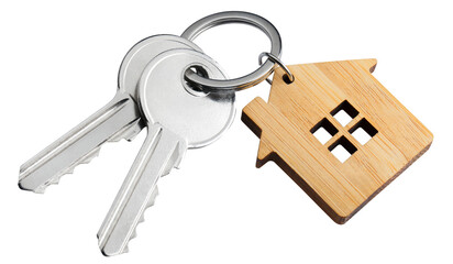 House keys with house shaped keychain, cut out - obrazy, fototapety, plakaty