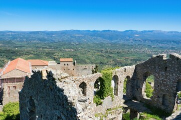 Beautiful shot of the historic ruins of a Byzantine Church in medieval city of Mystras,Greece