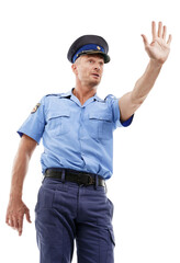 Stop hands, police man and officer isolated on a transparent png background for serious justice. Law enforcement, policeman and hand gesture for warning, stoping crime and no, security and forbidden.
