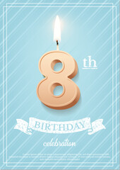 Burning number 8 birthday candle with vintage ribbon and birthday celebration text on textured blue background in postcard format. Vector vertical eight birthday invitation template