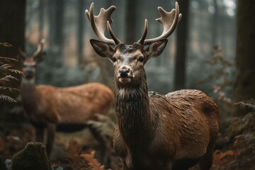 A variety of wild deer in a forest environment, showcasing the beauty and elegance of nature's wildlife. Generative AI