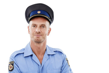 Serious, mature and portrait of police man isolated on a transparent png background. Law...