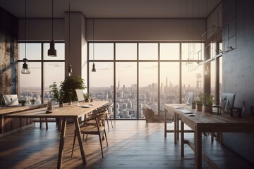 A bright 3D rendered coworking office space with wooden elements and city views from a large window. Generative AI