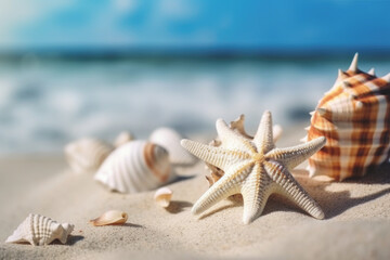 Fototapeta na wymiar Beautiful sand beach with a starfishes and seashells AI generative art