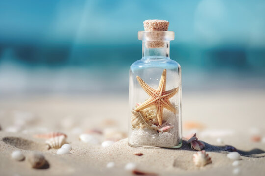 Tropical beach with bottle, seashells and starfish, generative ai
