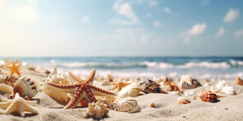 Beautiful sand beach with a starfishes and seashells AI generative art - obrazy, fototapety, plakaty