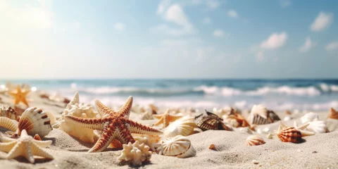 Deurstickers Beautiful sand beach with a starfishes and seashells AI generative art © Jasmina